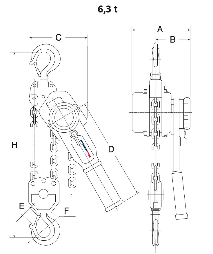 Lever hoist POWERTEX PLH-S2OLP 6.3 ton measurements Lever hoist POWERTEX PLH-S2OLP 6.3 ton measurements