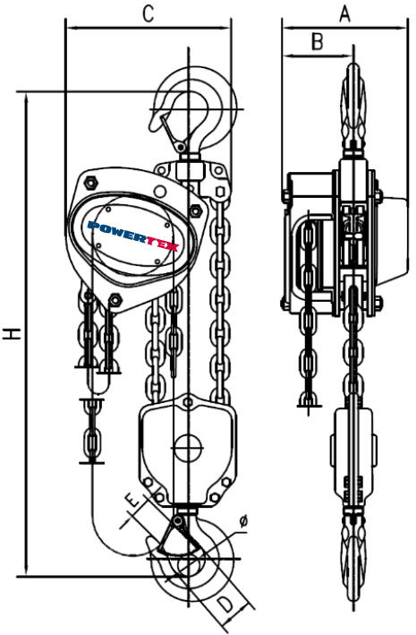 POWERTEX PCB S2 3,5 tons chain hoist measurements