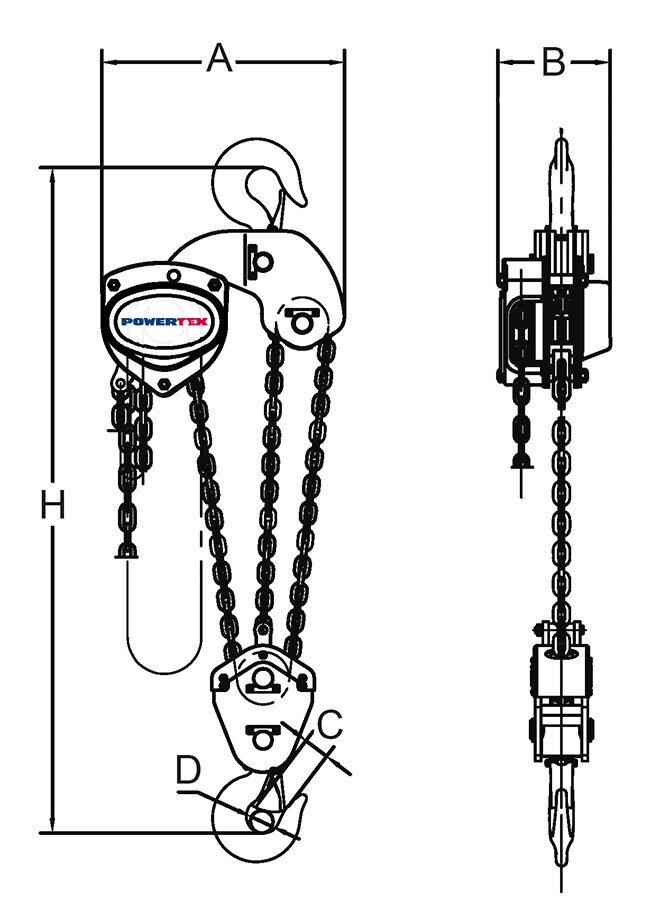 POWERTEX chain hoist measurements 7.5 tons POWERTEX chain hoist measurements 7.5 tons