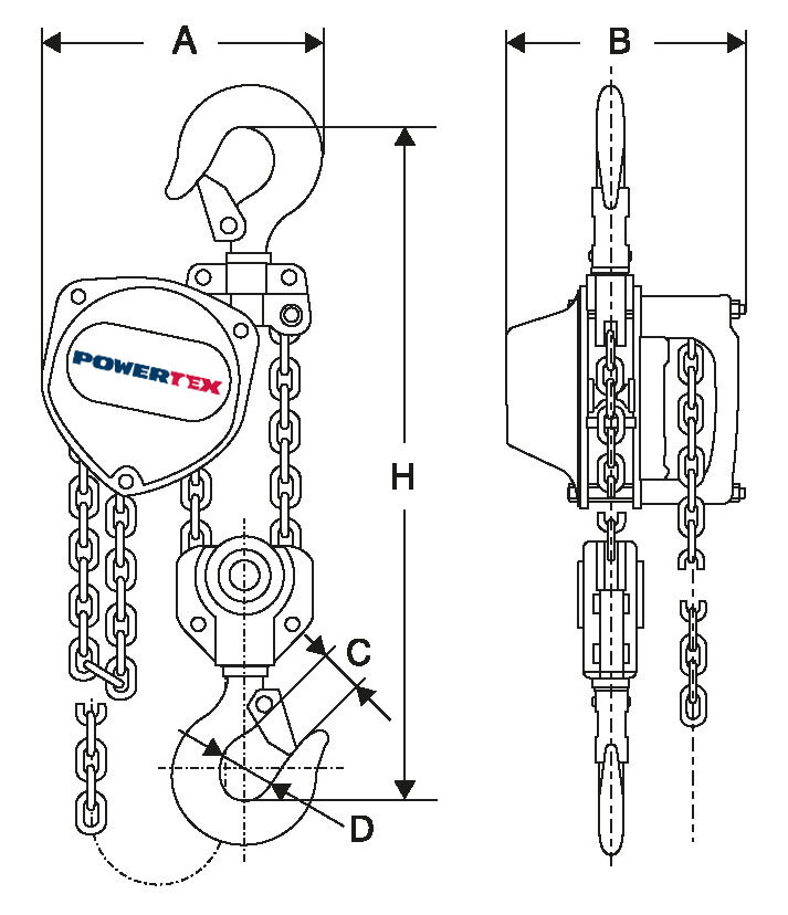 Chain hoist POWERTEX PCB-S2 3,0-5,0t drawing POWERTEX Chain hoist measurements from 3 to 5 tons.
