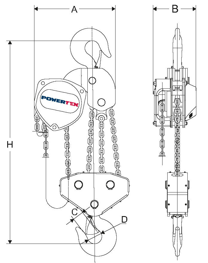 POWERTEX chain hoist measurements 10 tons drawing POWERTEX chain hoist measurements 10 ton